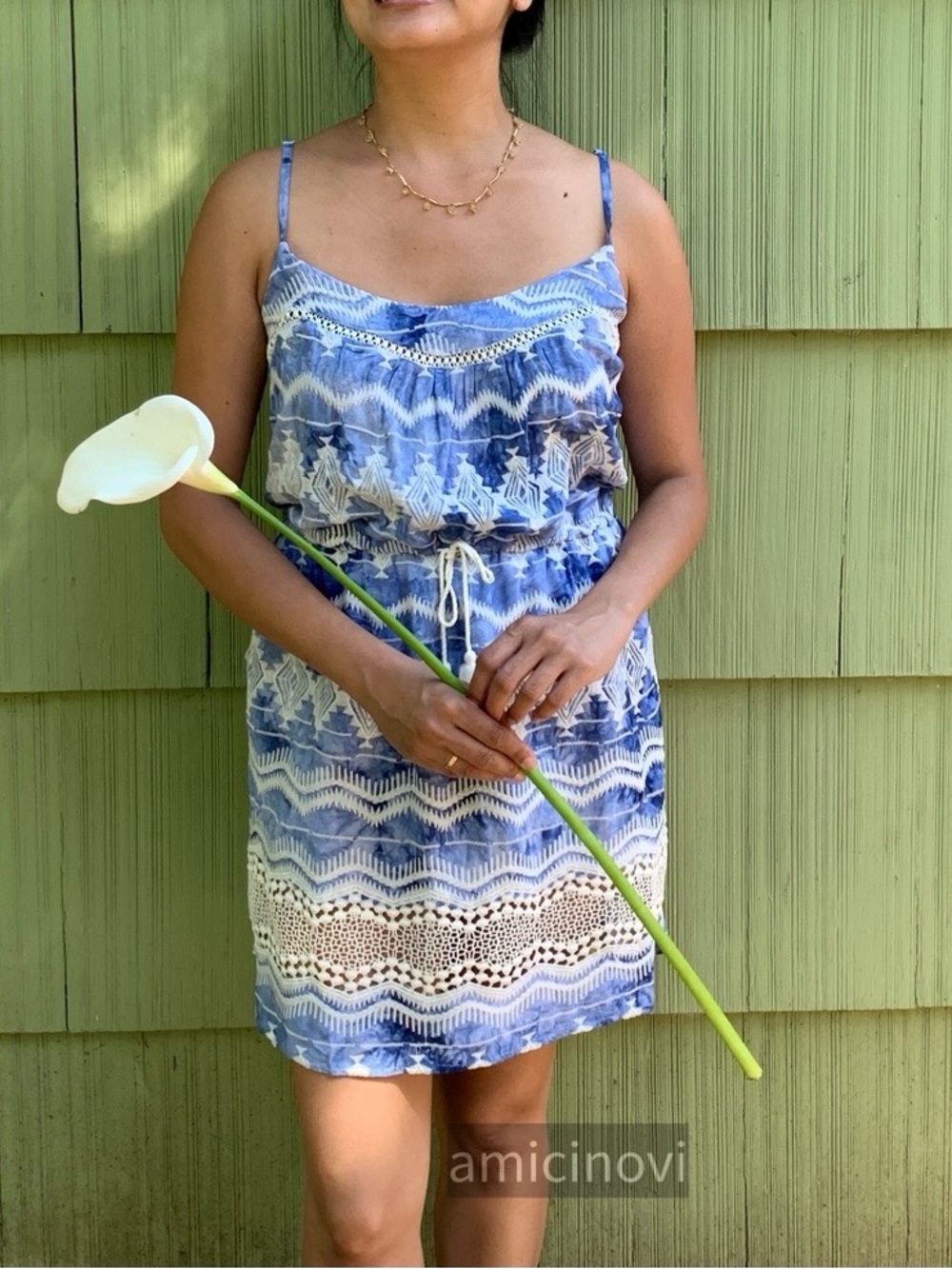 Blue and white tie dye crochet lace sundress short dress